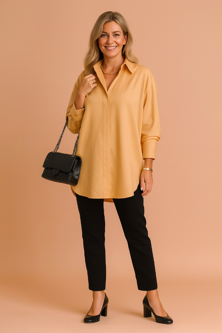 Dame Oversized Button-Down Skjorte - Langærmet Skjortebluse med Krave
