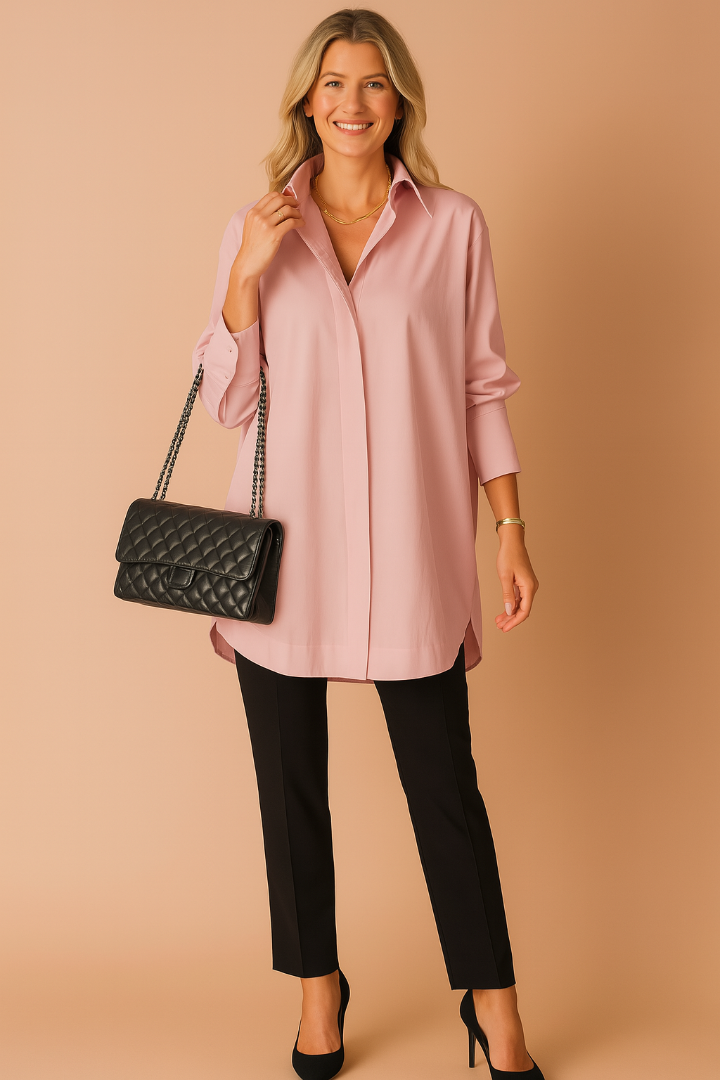 Dame Oversized Button-Down Skjorte - Langærmet Skjortebluse med Krave