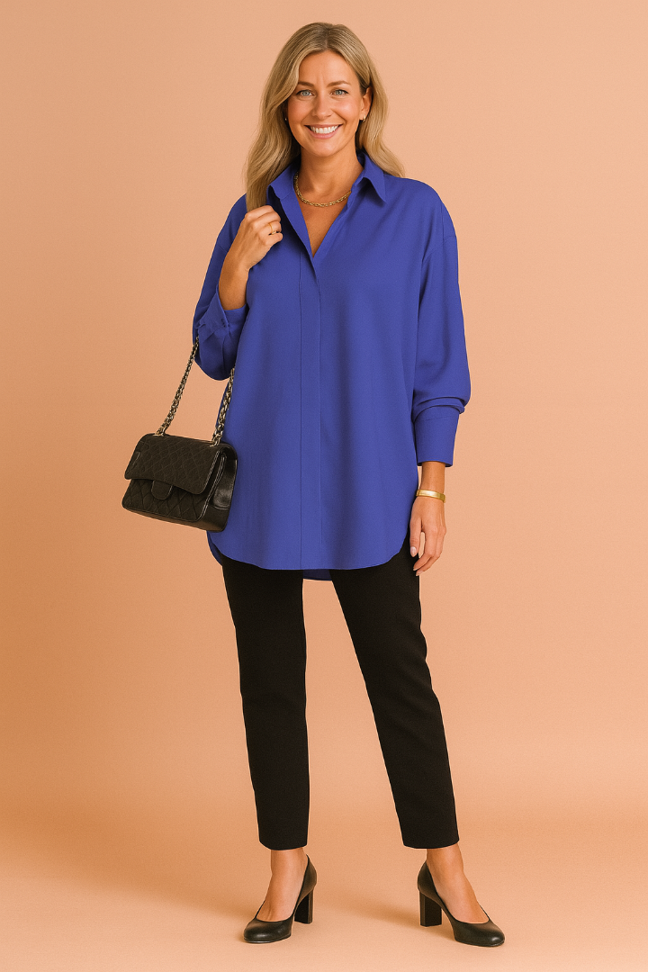 Dame Oversized Button-Down Skjorte - Langærmet Skjortebluse med Krave