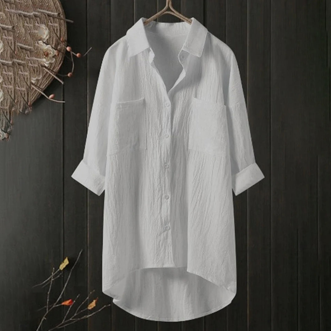 Dame Oversized Button-Up Skjorte – Langærmet Bluse Med Krave og Hi-Low Kant