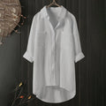 Dame Oversized Button-Up Skjorte – Langærmet Bluse Med Krave og Hi-Low Kant