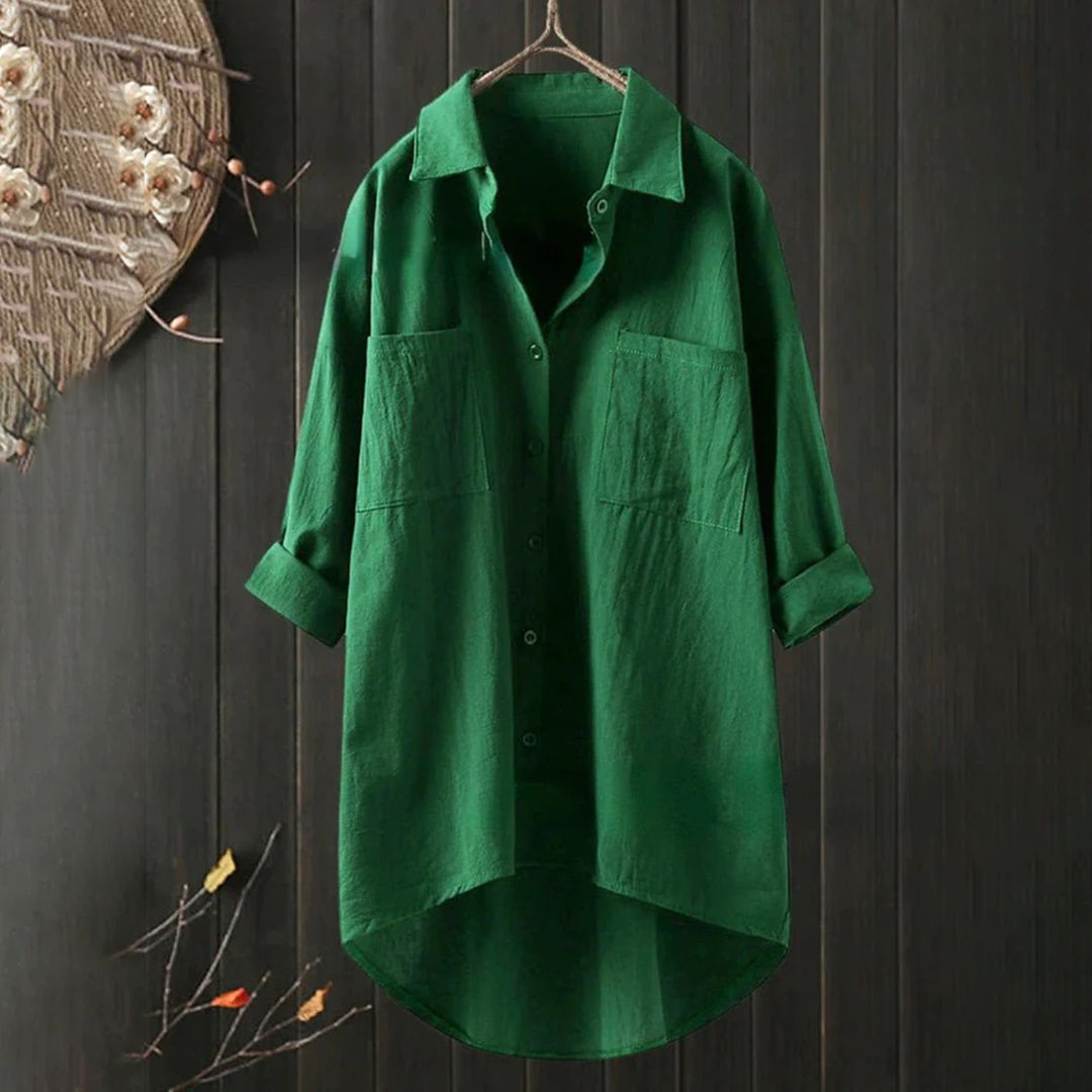 Dame Oversized Button-Up Skjorte – Langærmet Bluse Med Krave og Hi-Low Kant