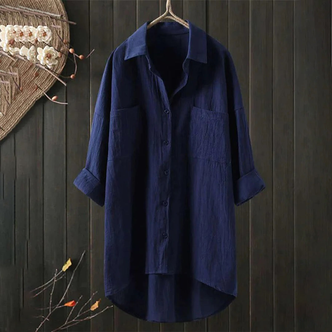 Dame Oversized Button-Up Skjorte – Langærmet Bluse Med Krave og Hi-Low Kant