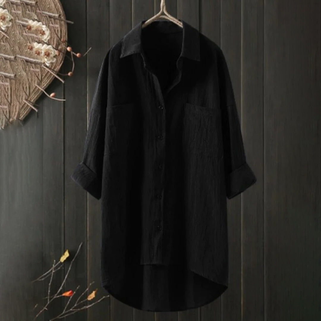 Dame Oversized Button-Up Skjorte – Langærmet Bluse Med Krave og Hi-Low Kant