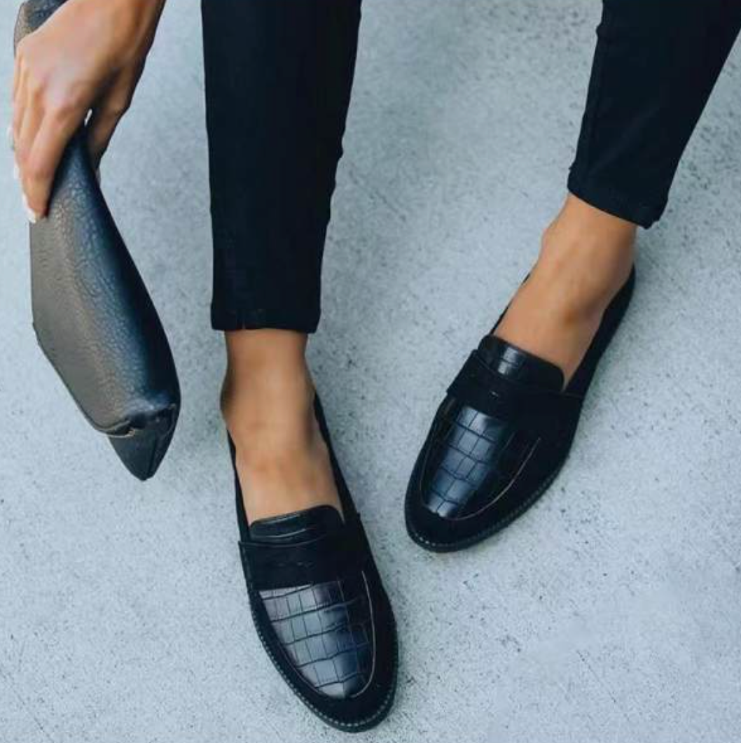 Dame Penny Loafers med Krokoprægning – Flade Slip-On Sko med Rund Tå