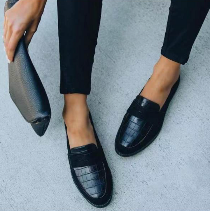 Dame Penny Loafers med Krokoprægning – Flade Slip-On Sko med Rund Tå