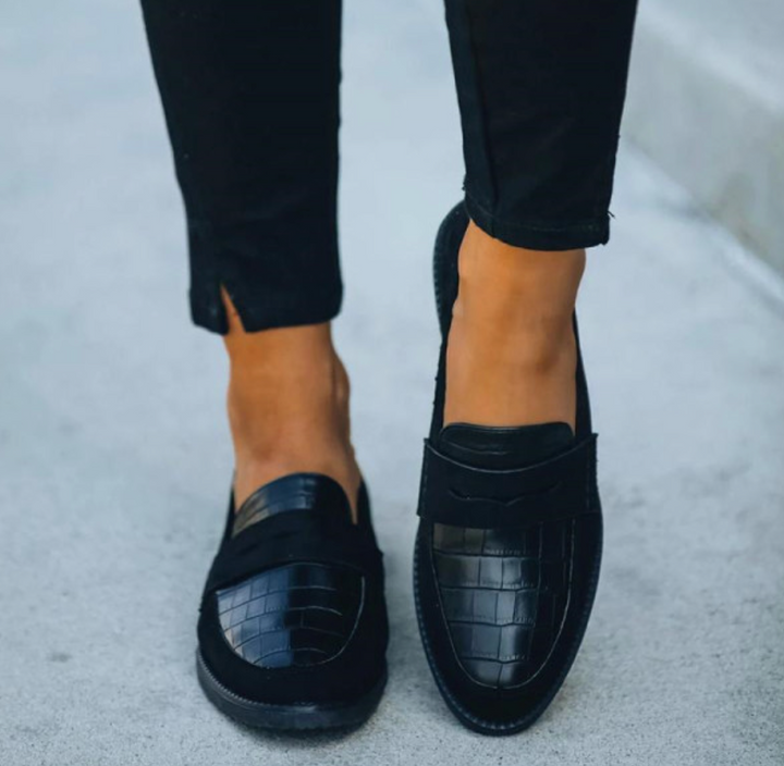 Dame Penny Loafers med Krokoprægning – Flade Slip-On Sko med Rund Tå