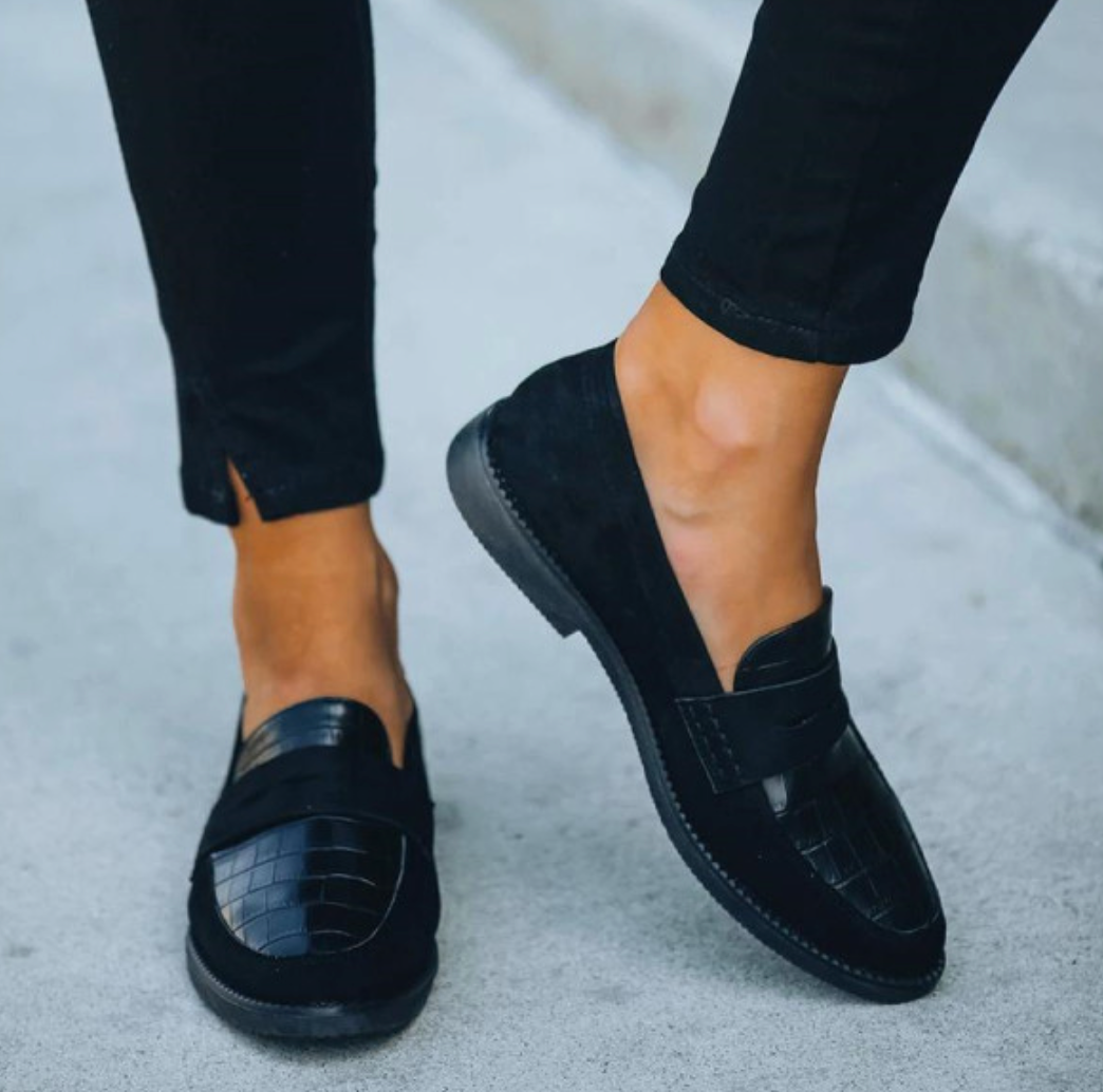 Dame Penny Loafers med Krokoprægning – Flade Slip-On Sko med Rund Tå
