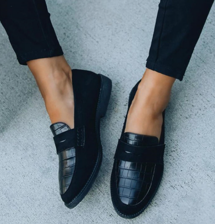 Dame Penny Loafers med Krokoprægning – Flade Slip-On Sko med Rund Tå