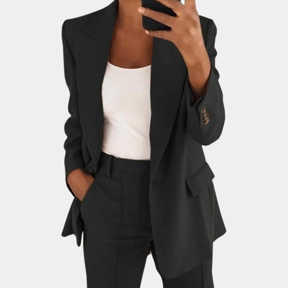 Dame Sæt Med Blazer Og Bukser - Åben Blazer Med Lange Ærmer Og Matchende Bukser