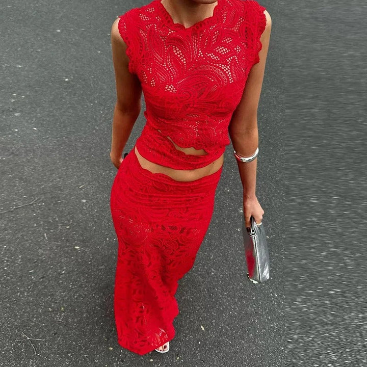 Dame Sæt i To Dele med Blonde – Crop Top & Maxi Nederdel