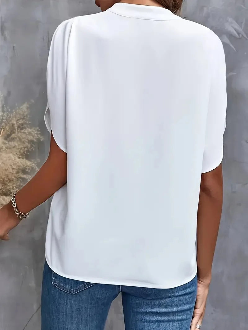 Dame Satin Bluse - V-Hals Kort Batwing Ærme Løs Top