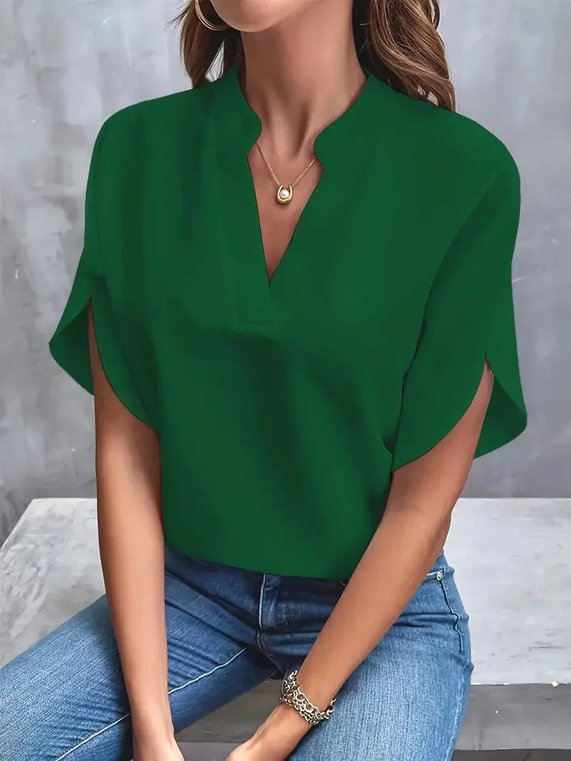 Dame Satin Bluse - V-Hals Kort Batwing Ærme Løs Top