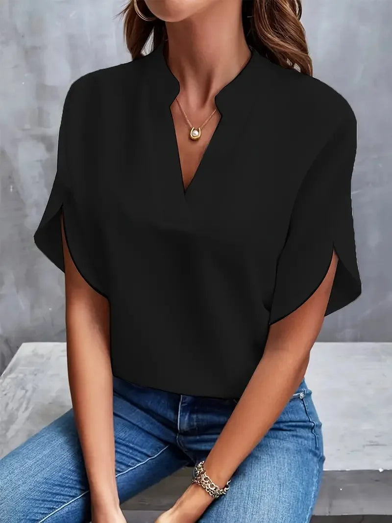 Dame Satin Bluse - V-Hals Kort Batwing Ærme Løs Top