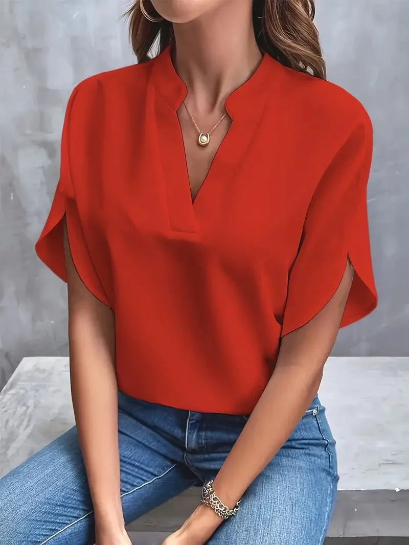 Dame Satin Bluse - V-Hals Kort Batwing Ærme Løs Top