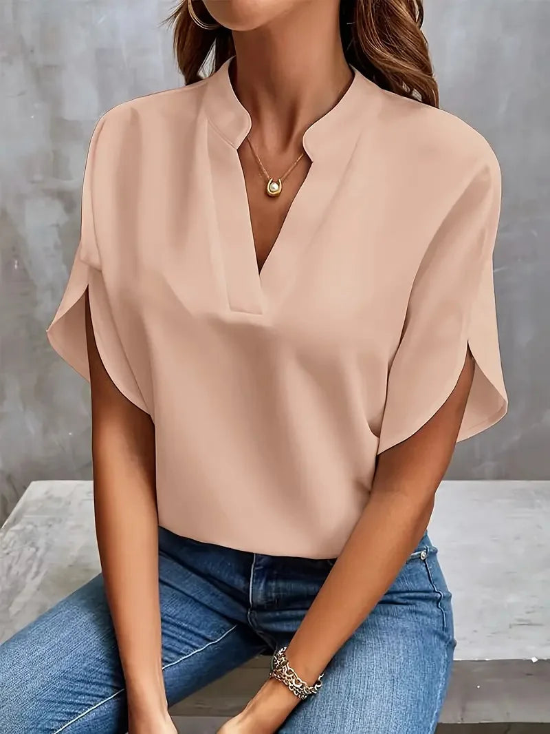 Dame Satin Bluse - V-Hals Kort Batwing Ærme Løs Top