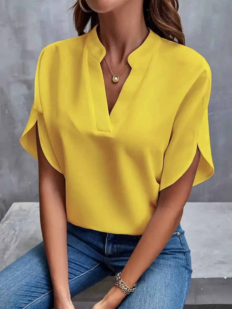 Dame Satin Bluse - V-Hals Kort Batwing Ærme Løs Top