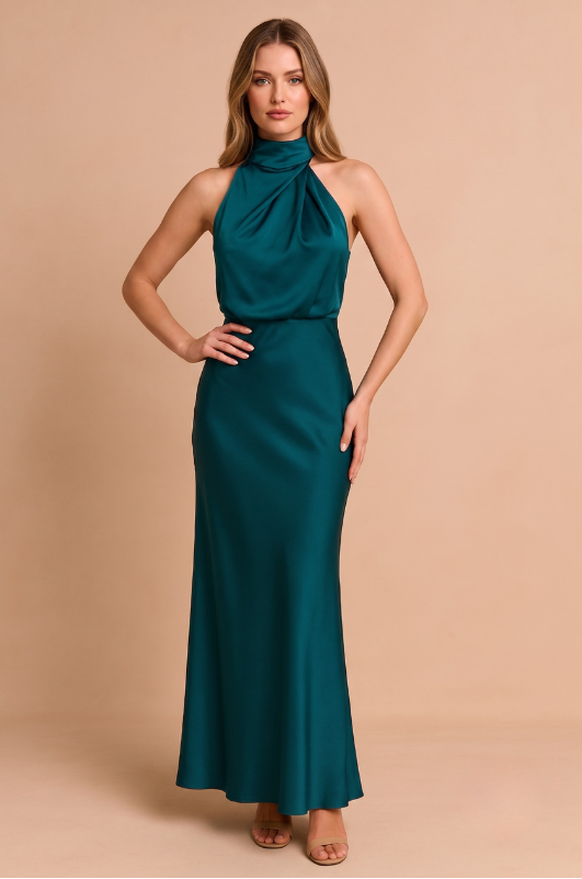 Dame Satin Halter Maxi Kjole - Ærmeløs Aftenkjole med Drejet Halsdetalje