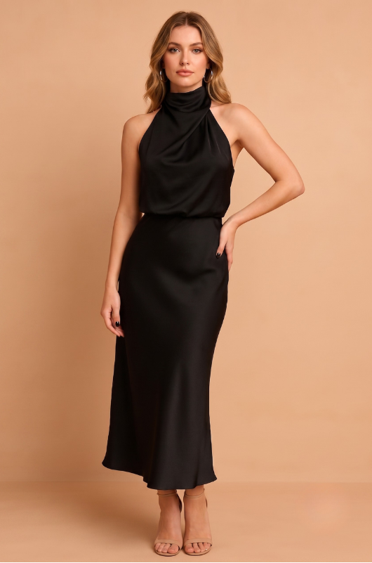 Dame Satin Halter Maxi Kjole - Ærmeløs Aftenkjole med Drejet Halsdetalje