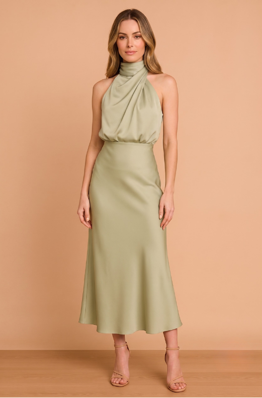 Dame Satin Halter Maxi Kjole - Ærmeløs Aftenkjole med Drejet Halsdetalje