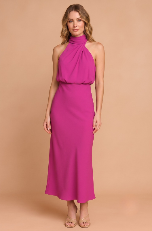 Dame Satin Halter Maxi Kjole - Ærmeløs Aftenkjole med Drejet Halsdetalje