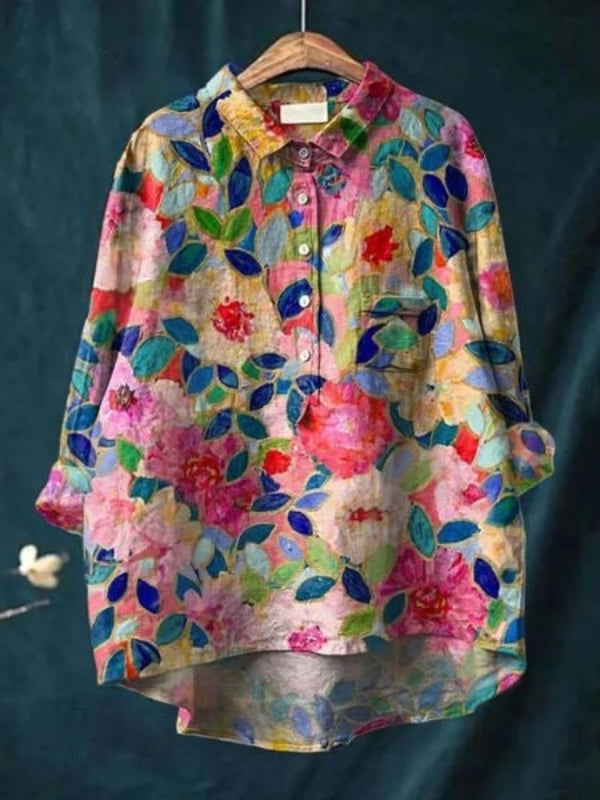 Dame Skjorte Med Blomsterprint - Halv Knaplukning