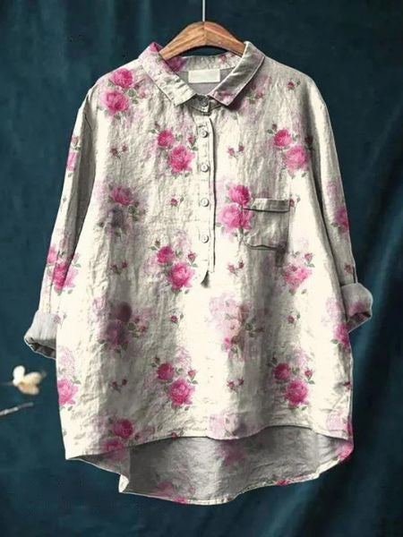 Dame Skjorte Med Blomsterprint - Halv Knaplukning