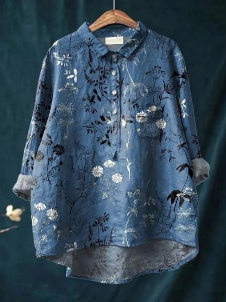 Dame Skjorte Med Blomsterprint - Halv Knaplukning