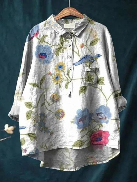 Dame Skjorte Med Blomsterprint - Halv Knaplukning