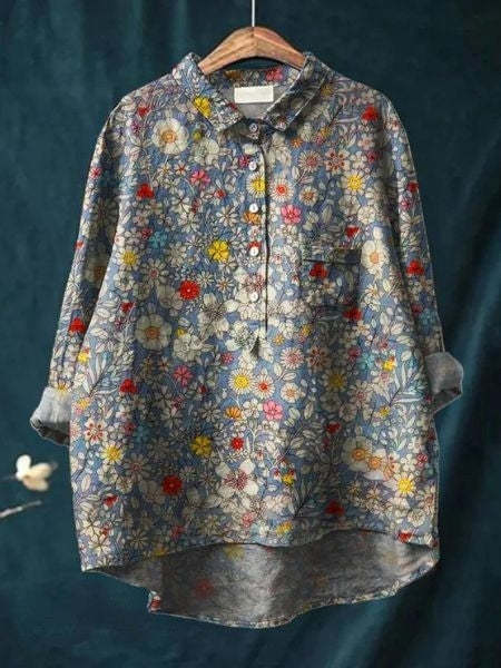Dame Skjorte Med Blomsterprint - Halv Knaplukning