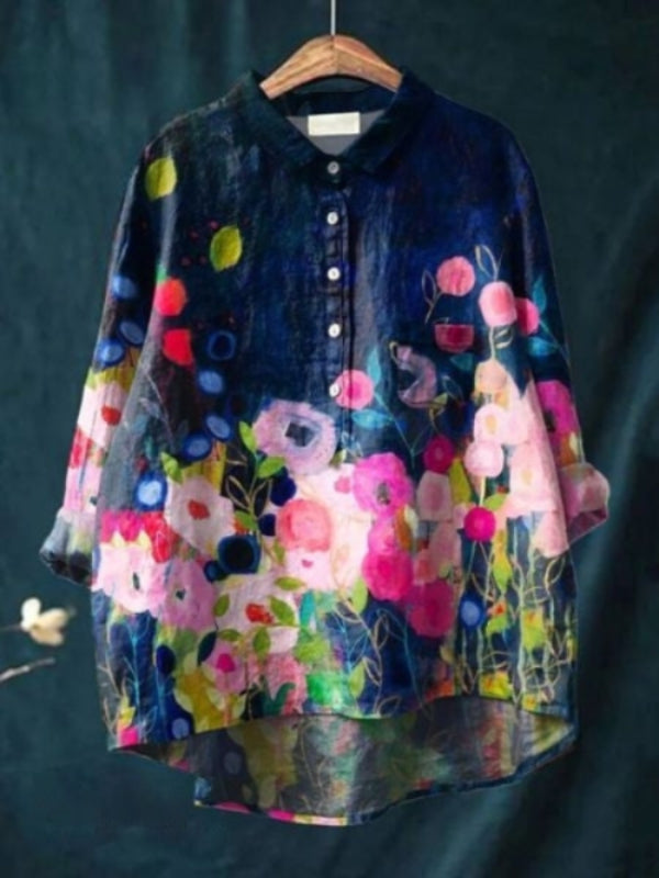 Dame Skjorte Med Blomsterprint - Halv Knaplukning