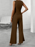 Dame Skræddersyet Vest & Wide Leg Buksesæt – V-Hals Asymmetrisk Knap Co-Ord
