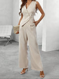 Dame Skræddersyet Vest & Wide Leg Buksesæt – V-Hals Asymmetrisk Knap Co-Ord