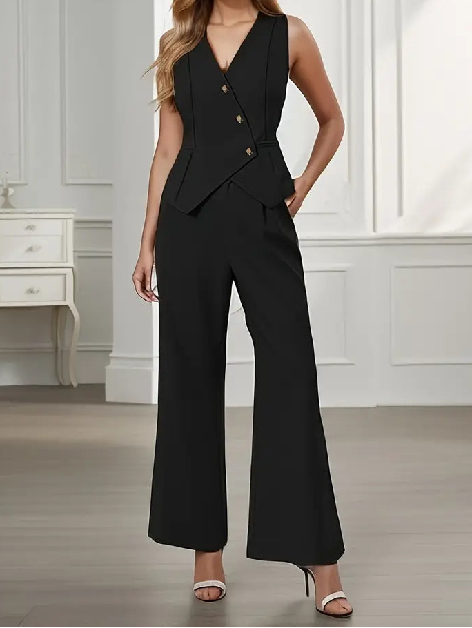 Dame Skræddersyet Vest & Wide Leg Buksesæt – V-Hals Asymmetrisk Knap Co-Ord