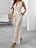 Dame Skræddersyet Vest & Wide Leg Buksesæt – V-Hals Asymmetrisk Knap Co-Ord