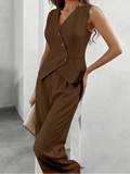 Dame Skræddersyet Vest & Wide Leg Buksesæt – V-Hals Asymmetrisk Knap Co-Ord