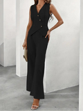 Dame Skræddersyet Vest & Wide Leg Buksesæt – V-Hals Asymmetrisk Knap Co-Ord