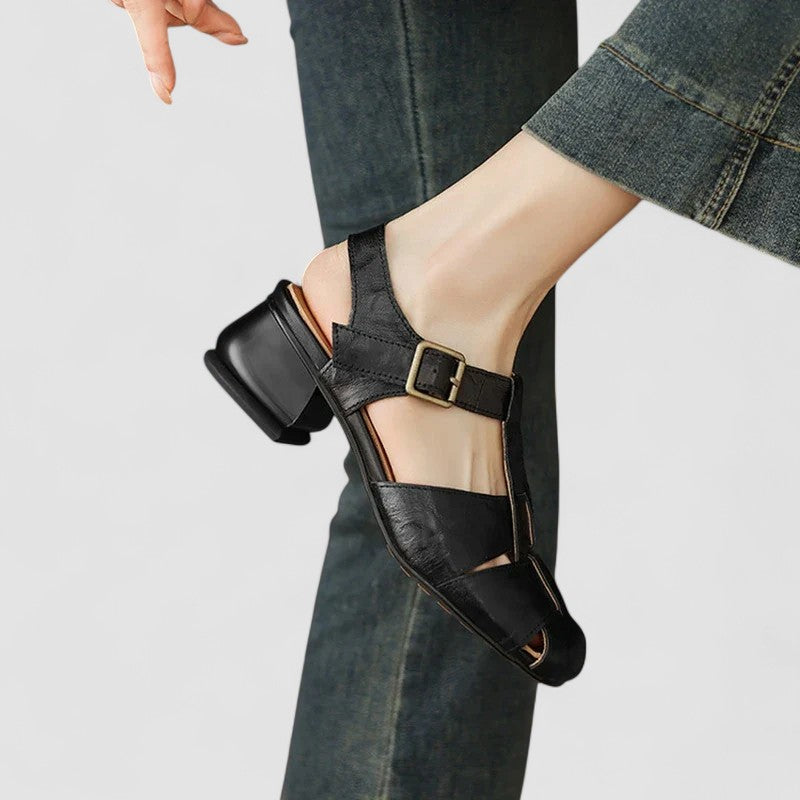 Dame Slingback Sandaler Med Lukket Tå - T-Rem Og Vævet Blokhæl
