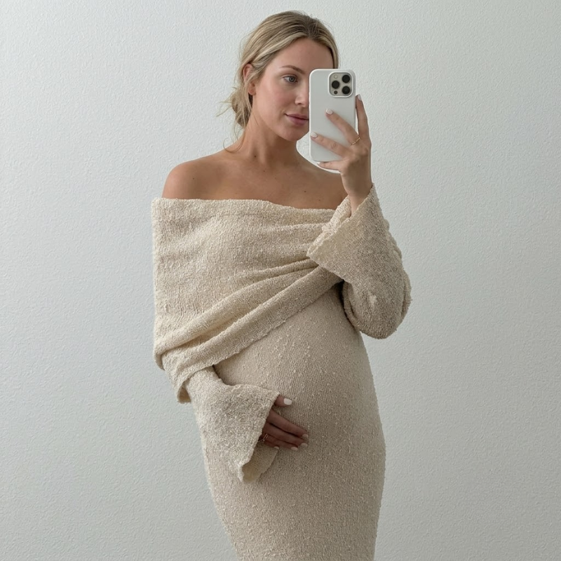 Dame Strikket Maxikjole med Lange Ærmer - Off-shoulder til Gravide