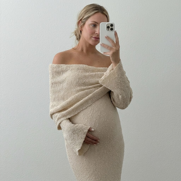 Dame Strikket Maxikjole med Lange Ærmer - Off-shoulder til Gravide