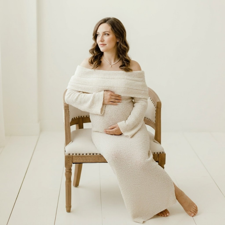 Dame Strikket Maxikjole med Lange Ærmer - Off-shoulder til Gravide