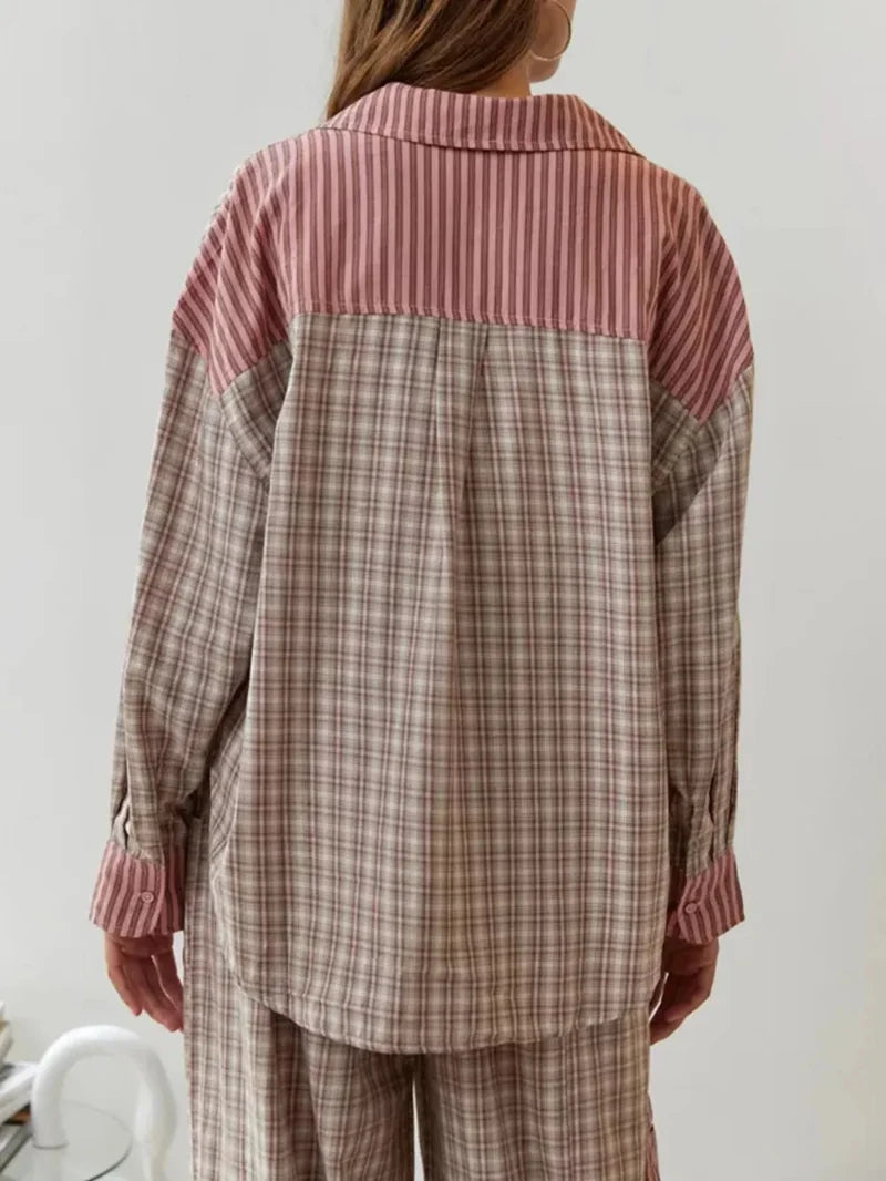 Dame To-Delt Pyjamassæt - Ternet Skjorte Og Bukser Med Snøre