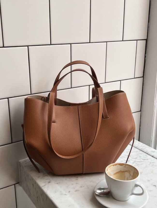 Dame Tote Bag - Blød Skuldertaske med Åben Top og Kontrastsyninger