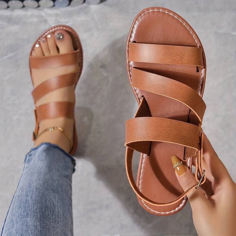 Dame Triple Strap Flad Sandal – Åben Tå Gladiator Sandal med Ankelspænde til Sommer