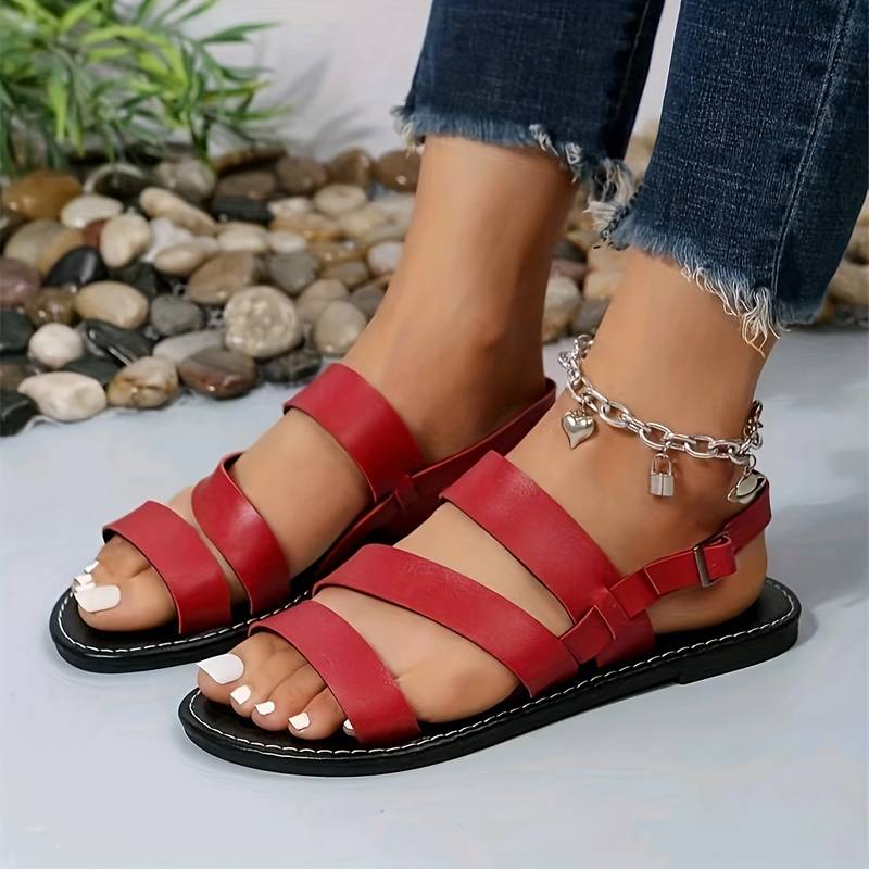 Dame Triple Strap Flad Sandal – Åben Tå Gladiator Sandal med Ankelspænde til Sommer