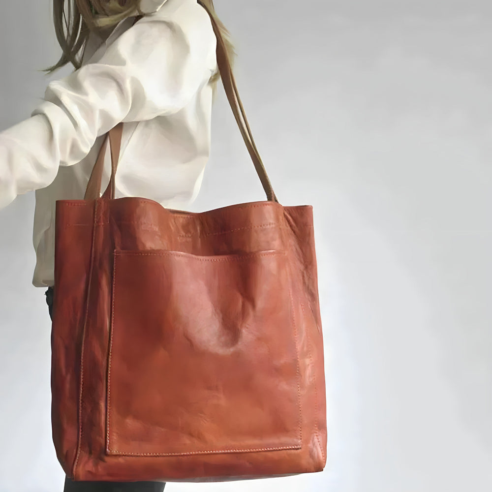Dames Leren Shopper - Grote Gestructureerde Schoudertas met Buitenvak