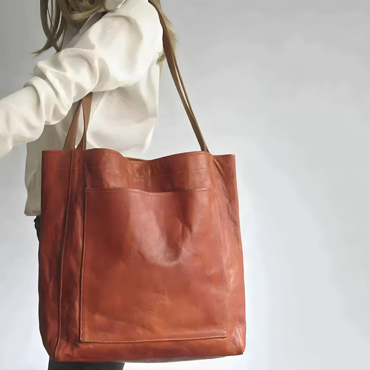 Dames Leren Shopper - Grote Gestructureerde Schoudertas met Buitenvak