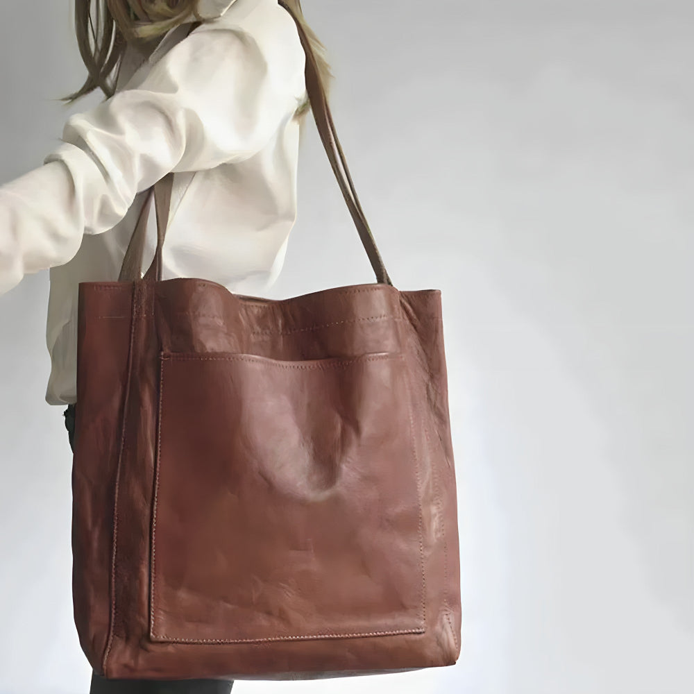 Dames Leren Shopper - Grote Gestructureerde Schoudertas met Buitenvak