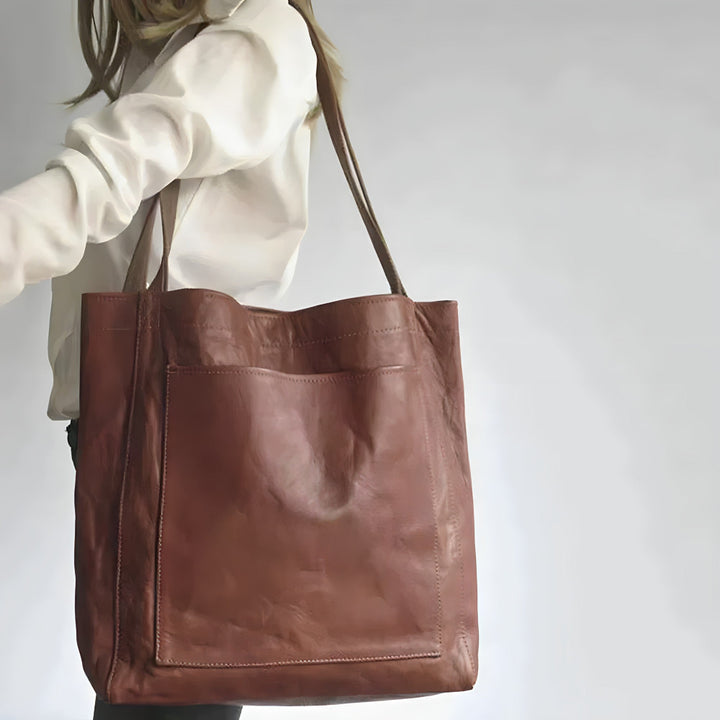 Dames Leren Shopper - Grote Gestructureerde Schoudertas met Buitenvak