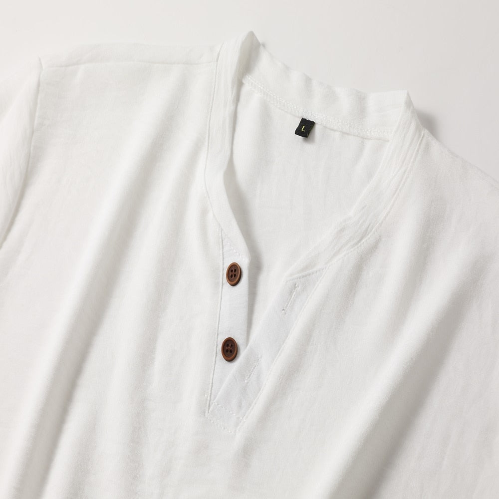 Herre Henley T-Shirt - Kortærmet Med V-Hals Og Knaplukning